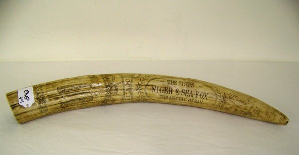 Scrimshaw Tusk " Niger & Sea Fox the Artic Ocean: Copy of a early scrimshaw tusk titiled " The Ships Niger & Sea Fox The Artic Ocean" etched with ships and Whales and etc.21 1/4" long.