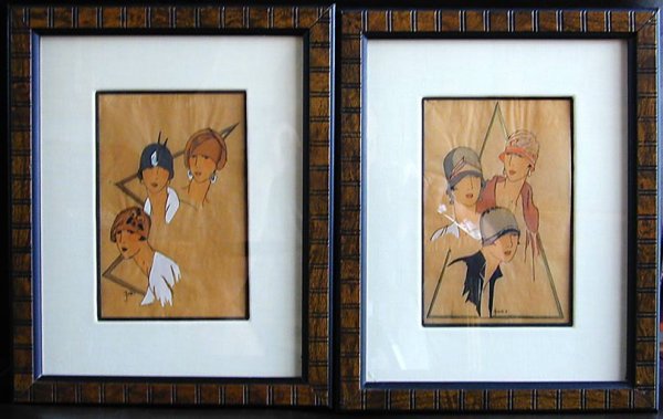 Pr. 1920s Fashion W/Cs signed Dory: This is a pair 1920's watercolors of women modeling hats. Each is 7" x 4 1/2" (sight). Possibly listed French artist Pierre Dory who did illustrations early 20th C.