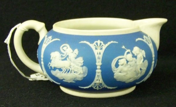 Antique Jasperware Roman Figural Creamer: Antique Jasperware Roman Figural Creamer, With cherebs ,figures charoit, and others. app. 5 1/2" across and 2 1/2" tall