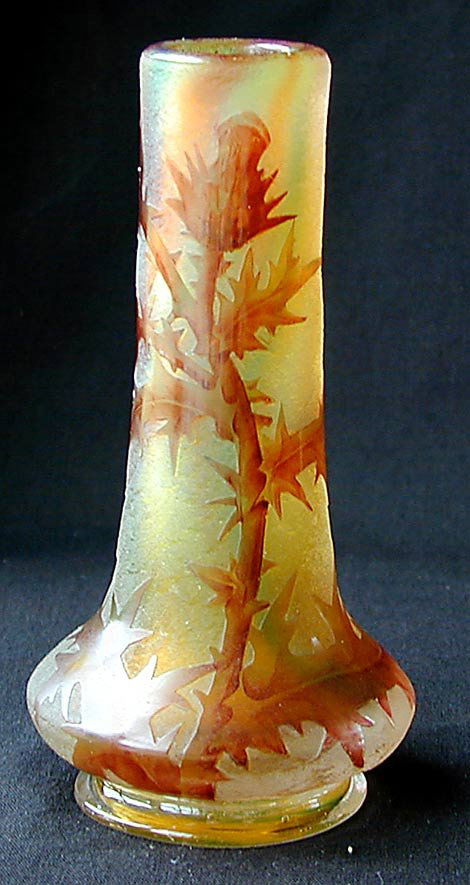 DAUM NANCY Gass Vase ca. 1900: This circa 1900 French art glass by Daum Nancy is 4 1/2" high. It has a " Thistle " design and is Signed. No chips or cracks