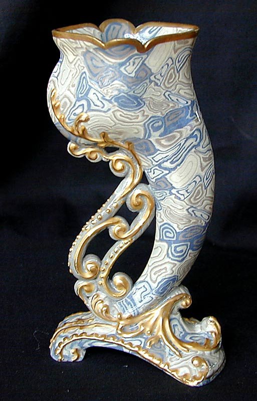 RARE Exhibition Royal Doulton MARQUETERIE Vase: A rare 6.25"h MARQUETERIE vase by Royal Doulton exhibited at renowned pottery curator RICHARD DENNIS Doulton Pottery Exhibition Part 2, 1975 # 218 (see applied sticker on bottom). Marks: 12*7*1887 Dou