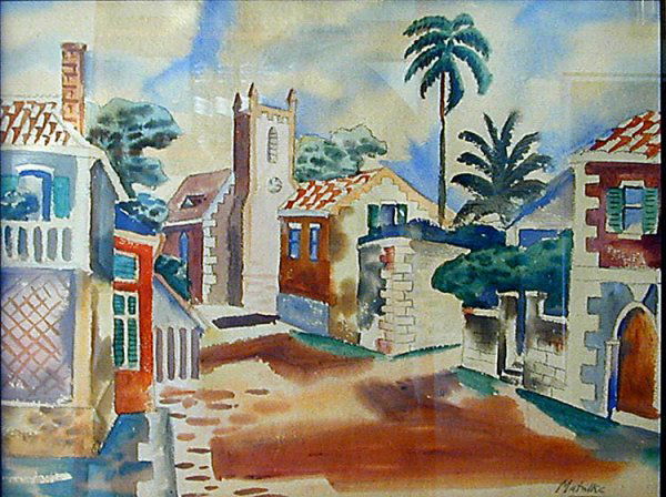 Jan Matulka (Amer. 1890-1972) W/C: American artist Jan Matulka (1890-1972). Size:14 1/2" x 19" (sight) Waterclor " Mexican Town Scene "
