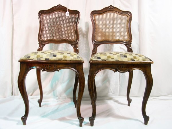 Pr.18 -19th C. S.C. Berdan & Son French Cain Chair: Great pair of chairs 1 has paper lable of S.C. Berdan & Son cabinet makers 152 9th street New York 11. seat have been redone in new fabric they are each 37" tall and 17 1/2" wide.