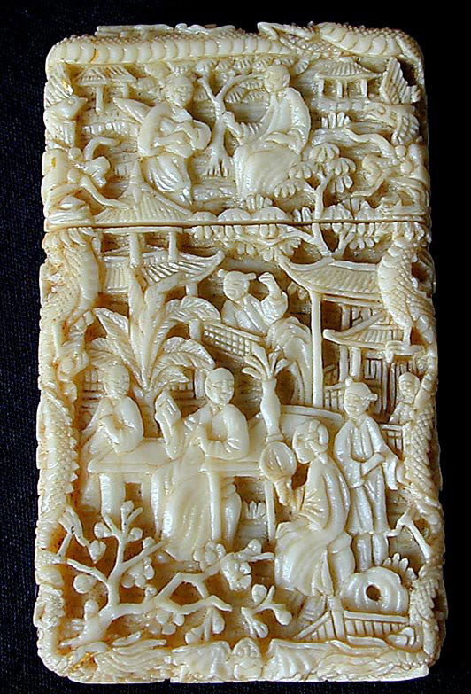 19th C. Chinese Ivory Card Case: This finely carved 19th C. Chinese card is 3" x 2". It is carved on all sides with people and landscape design. NOTE: We will not ship this item internationaly