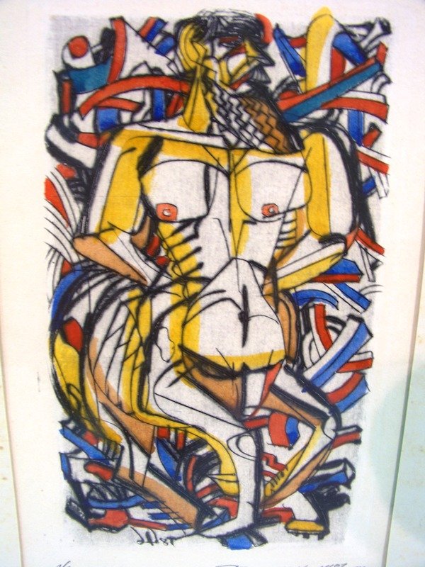 Early Russian Signed Cubist Modern Litho / Etching: Great pc. of a bearded man, signed of what looks like Kehittakp and dated 87. Size is 4 1/2" wide 6 7/8" tall, frame size is 10 7/8" wide 14" tall