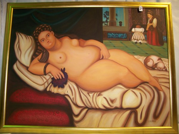 20th C. Signed L. Guerrero O/C Of Large Nude: 20th C. Signed L. Guerrero O/C Of Large Nude resting on chaise. Size is 47 1/2" wide and 53 1/4" tall frame size is 52 1/4" wide and 40" tall.Signed lower right.