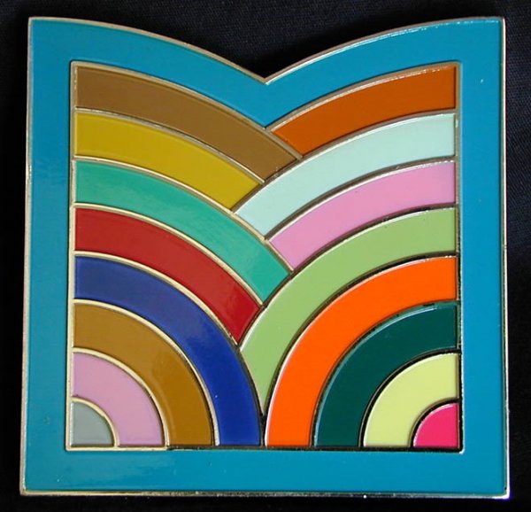 FRANK STELLA (Amer, 1936-) PAPERWEIGHT 1970: A boxed paperweight from the 1970 Centennial Exhibition at the Metropolitan Museum of Art, multi-colored enamel on heavy metal base depicting an image from iconic American artist Frank Stella work, en