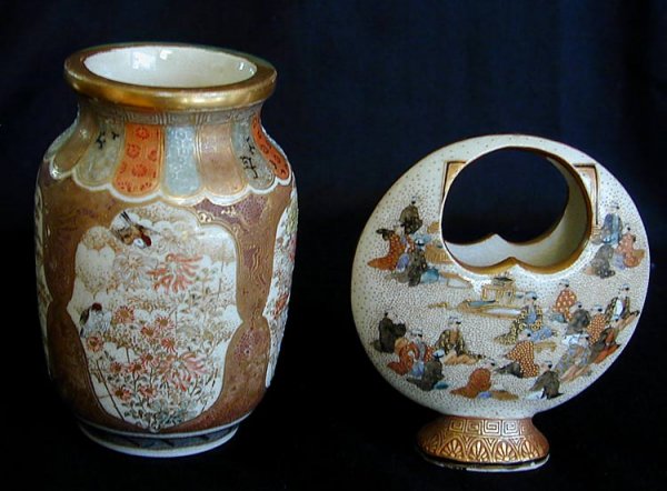 2-19THC JAPANESE SATSUMA VASES, SIGNED: 1 cabinet vase decorated with 4 panels of enamelled & gilts scenes of exotic flora & birds, repainted top gilt rim, unsigned, 3.75"h together w/ 1 vase of cut out shape decorated on both scenes with g