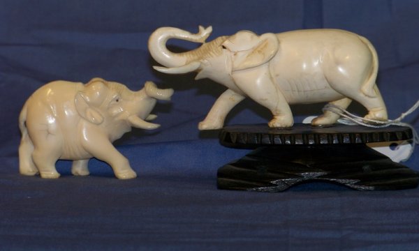 Pair Vintage Carved Ivory Elephants: Pair Vintage Carved Ivory Elephants 1 on wooden base. Both have trunks up in air for good luck.Largest one is app. 3 3/4" long and app. 2 1/2" tall on base.