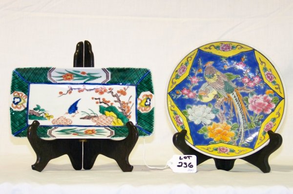 Pair Chinese Painted Bowl & Dish: Pair Chinese Painted Bowl & Dish. Plate is 7 3/8" wide and painted with birds and flowers in a yellow and blues. Tray is 8 3/4" long 4 1/2" wide , green & white back ground with bird and flowers, Sign