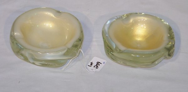 Pr. Vintage Murano Art Glass Ash Trays: Pr. Vintage Murano Art Glass Ash Trays with gold flake intieor. Both app. 5 3/4" wide and app. 2 1/2" tall.