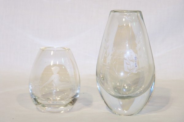 Pair Signed Etched Glass Vase's: 7 1/8" tall vase etched with birds and branches and etched to base A 3064 , other is 4 1/2" tall and etched with nude female and signed Holmegaard and dated 1950