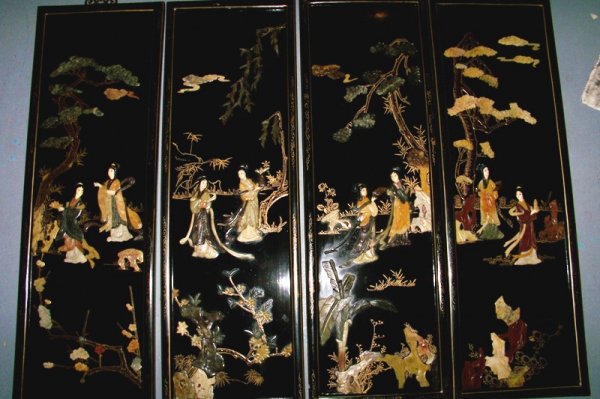 Vintage 4 Panel Chinese Soap Stone Screen's: Vintage 4 Panel Chinese Soap Stone Screen's. All 4 panels have chinese women and trees. Face and hands possible Ivory or bone.Each panel is 40" tall & 13 1/4" wide.