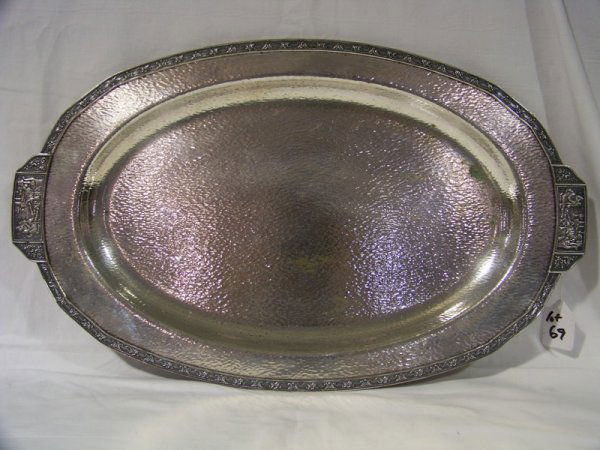 Vintage Neo Classical Silver Tray: Vintage Neo Classical Silver Plate Tray by Wm. Mounts. Of a classical lady in chaise and man with lyre playing for her. Stamped on back , Pat. pending , Homan Plate on nickel silver W.M.Mounts . Made