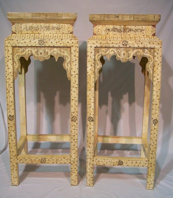 Pair Chinese Bone 40" Detailed Pedistals: Pair Chinese Bone 40" Detailed Pedistals. All inlaid in bone or horn , standing 40" tall 16" x 16" wide.