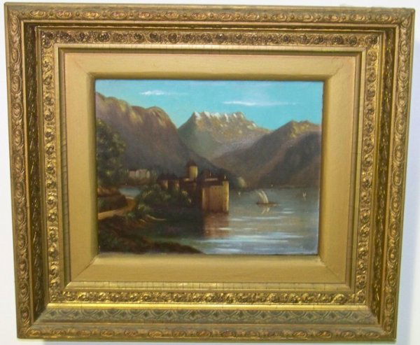 19th C. European School O/Canvas Mountians & Castle: 19th C. European School O/Canvas Mountians & Castle with lake & sail baots. In a great ornate frame. Canvas size is 9 7/8" wide & 7 3/4" tall. Frame size is 16 3/4" x 14 5/8".