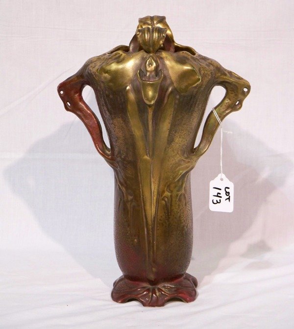 Early Art Nouveau Amphora Handled 12 1/2" Vase: Early Art Nouveau Amphora Handled 12 1/2" Vase. In gold and reds. Stands 12 1/2" tall and app. 8 1/2" wide. Stamped to base 3569 58 and a siginture in oval circle.