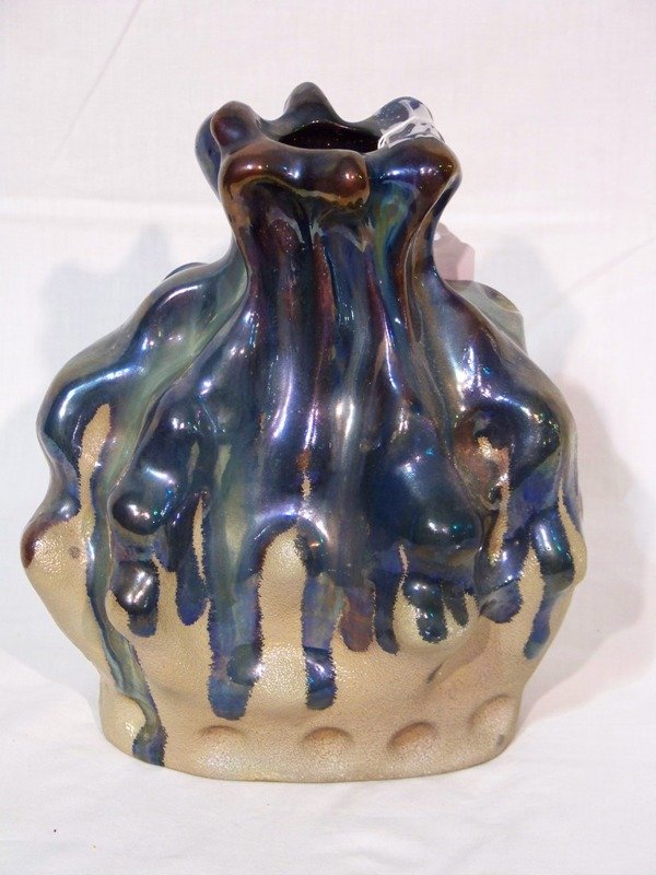 Early Amphora Drip Glaze Vase: Early Amphora Drip Glaze Vase with a blue drip glaze . App. 9" tall app. 7 1/2" wide.Numbered on bottom 567.