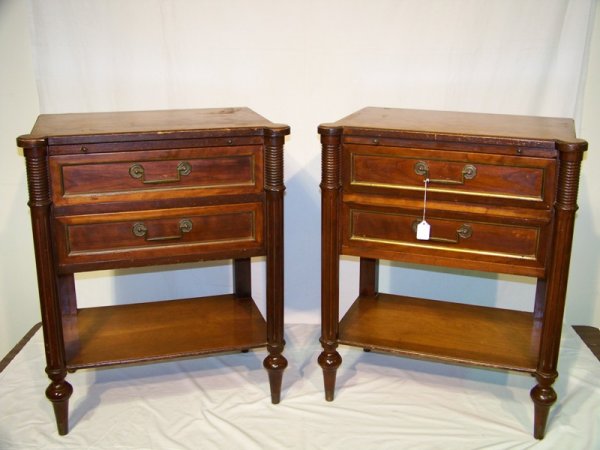 Pair Biedermeier Style 2 Drawer Stands: Pair Biedermeier Style 2 Drawer Stands with pull out table. Each stands 28 1/4" tall 14" deep 23 1/4" wide. Has brass capped feet.
