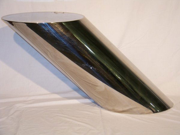 Modern Brueton Zephyr Polished Steel Table: Modern Brueton Zephyr Polished Steel Table. Steel weighted base , a great table. App. 21" tall 12" wide .