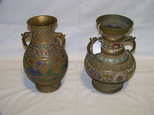 Pair Early Chinese Champleve Handled Vase's: Pair Early Chinese Champleve Handled Vase's. Both app. 9 1/2" tall