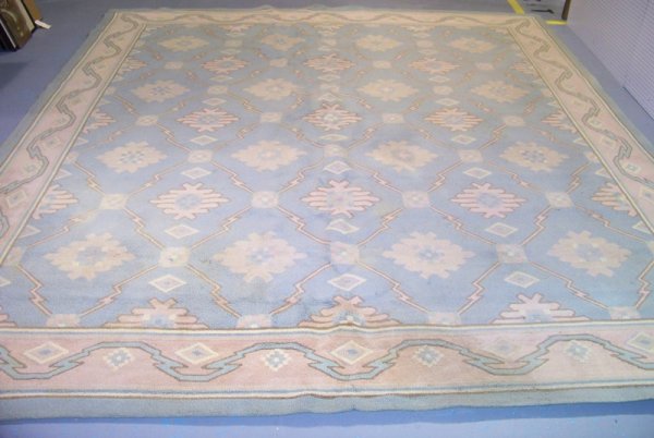 Lg. Vintage Modern Edward Fields Geometric Style: Lg. Vintage Modern Edward Fields Geometric Style Rug. App. 13 ft. x 12 ft. in blue , purple and pinks. Stamped on back Edward Fields Copyright 1982 and # 23594