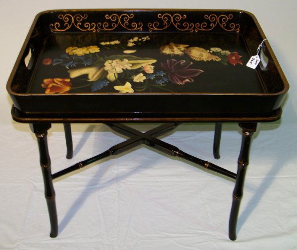 Hand Painted Tray Top Table with Flowers & Shells: Hand Painted Tray Top Table with Flowers & Shells.Tray & stand are 22 1/2" tall 26 5/8" wide and 19 1/4" deep. Resting on a Bamboo wooden base.