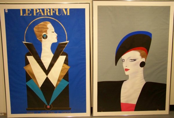Pair Vintage Signed " Razzia " French Deco Poste: Pair Vintage Signed French Posters 58" X 42 5/8". One titiled Le Parfum , Paris ,New York & Toyko of a Art Deco Lady signed Razzia ( Gerard Courbouleix Razzia 1949 ).Other is of a art deco lady signed