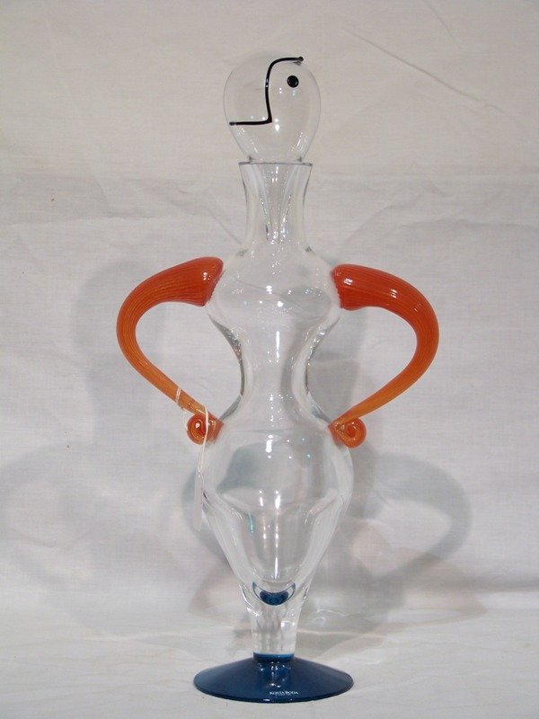 Kosta Boda Figural Man Decanter 80's: Kosta Boda Decanter 80's Signed labeled Kosta Boda 1980's shape of man or woman with Hands on hips. 17 1/4" h x 8 1/2"w