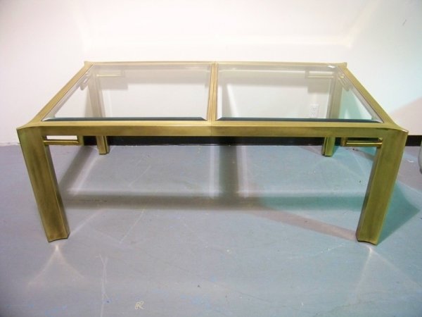 Mastercraft Brass Dining Table Glass Top: Mastercraft Brass Dining Table Glass Top with pads With leaf 108" l x 43" w x 29 3/8"h All beveled glass inserts, one 30" leaf