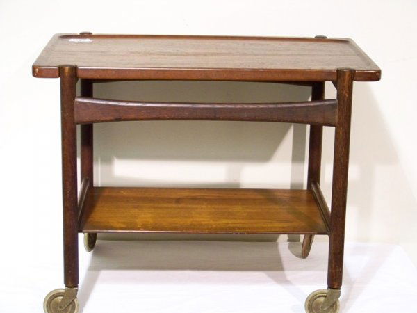 Hans Wegner Signed Rosewood Tea Cart: Hans Wegner Signed Rosewood tray-topped tea cart. Signed: FABRIKAT ANDR TUCK ARKITETK HANS J WEGNER Denmark 23 3/4" h x 30 1/4" w x 18 5/8" w