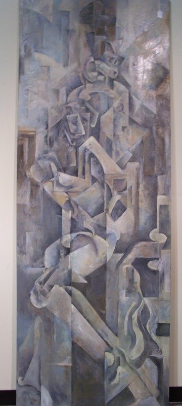 Mid Century Cubist Abstract O/C Signed Edward: Mid Century Abstract Oil on Canvas Sgd Edward Cubist depiction of people. 94" h x 34 1/2" w