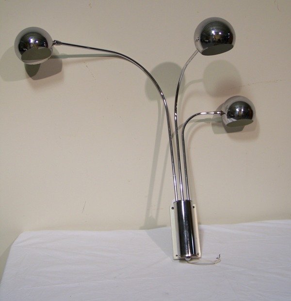 Chrome Three Arm Wall Sconce Lamp like Kovacs: Chrome Three Arm Wall Sconce Lamp like Kovacs. Heads moveable. White lacquer wall mount. 31" h x 28" d