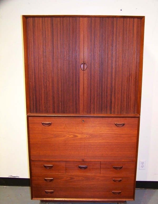 2 Pc John Stuart Danish Tambour Drop Front Desk / Bar: Two Piece Teak Danish Tambour Fronts. drop front desk and five drawer cabinet. 62" h x 35 1/2" w x 19" d.