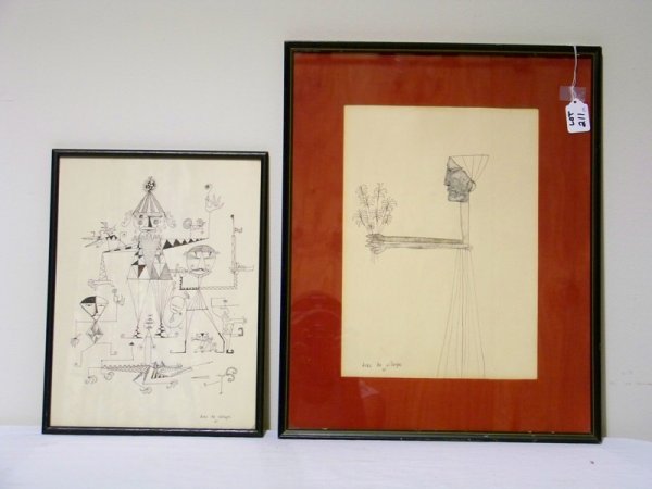 Pair Diaz De Villegas Funky Modern Ink Drawing's: Pair Diaz De Villegas Funky Modern Ink Drawing's of people and animals and a man with a knife and a gun. Each app size is 13 1/2" tall and app. 10" wide. Both dated 61. One in larger frame.