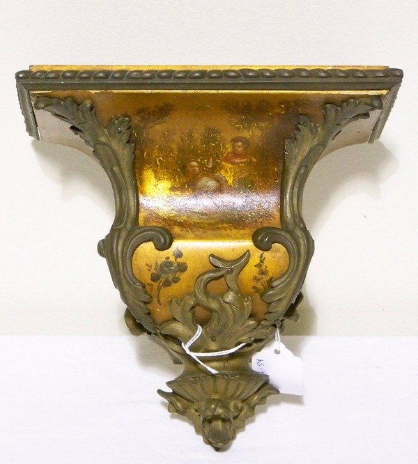 Antique Hand Painted Bronze Mount Wall Bracket: Antique Hand Painted Bronze Mount Wall Bracket. Painted of children playing and flowers. App. 8" tall and 8" wide and 5 1/2" deep.