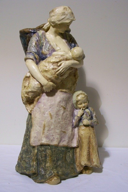 Early Signed Amphora 27" Mother & Child & Baby: Early Signed Amphora 27" Mother & Child & Baby. Great Amphora pc. with Mother breast feeding the baby and young daughter standing at her side. Mother has basket on her back. Stands 27" tall and app. 1