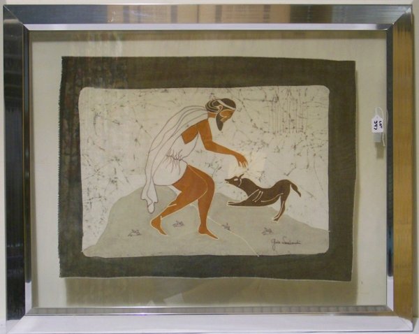 " Gina Lombardi " Signed Indonesian Watercolor o: " Gina Lombardi " Signed Indonesian Watercolor on Linen. Pc. is 29 1/4" wide and 22" tall in a great glass and chrome frame 40 3/4" long and 33" tall. Has Greg Copeland paper lable on back.
