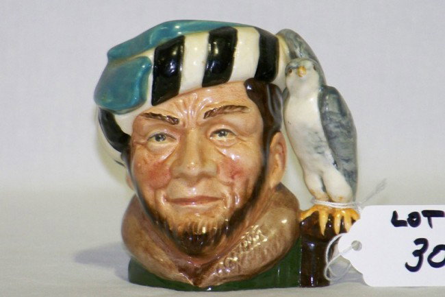 Royal Doulton THE FALCONER Figural TOBY MUG : Royal Doulton Toby Jug: THE FALCONER Item #D 6540 -- Hand Made and Hand Decorated Fine Porcelain Jug. Beautifully sculpted figural mug...a man with a falcon sitting on a bird stand near his shoulder. 
