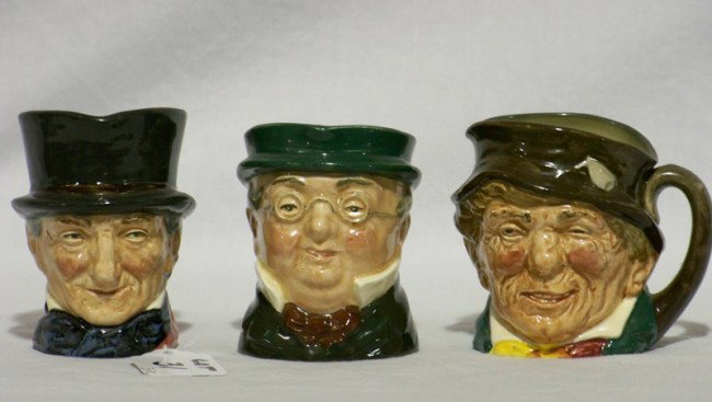 3 Royal Doulton Tobys John Peel , Paddy , Mr. Pickw: 3 Royal Doulton Tobys John Peel , Paddy , Mr. Pickwick , all are app. 3 1/4" tall,