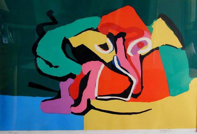 Karel Appel (Amer./France, 1921-2001) Litho. 1971: This is a very large lithograph by well listed American / French artist Karel Appel (1921 - 2001). It is 26" x 40" with full margins and not laid down and in very good condition. It is pencil signed a