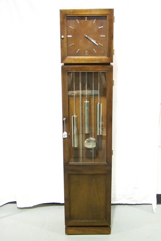 Mid C Modern George Nelson Style Grandfather Clock: Mid C. Modern George Nelson Style Grandfather Clock, made by Herschede Hall Clock Company. Weight driven and standing app. 66" tall 14" wide and 9" deep.