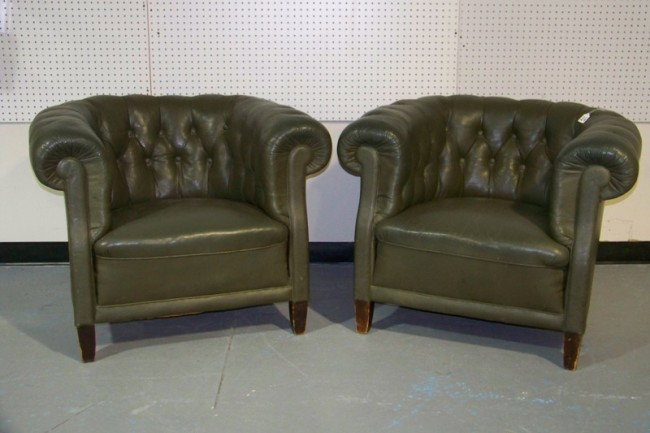 Pair Vintage Leather Davenport Chairs : Pair Vintage Leather Davenport Chairs in a green leather , has nail head trim around base.Each App. 37" wide 36" deep app. 33" tall with rolled arms.