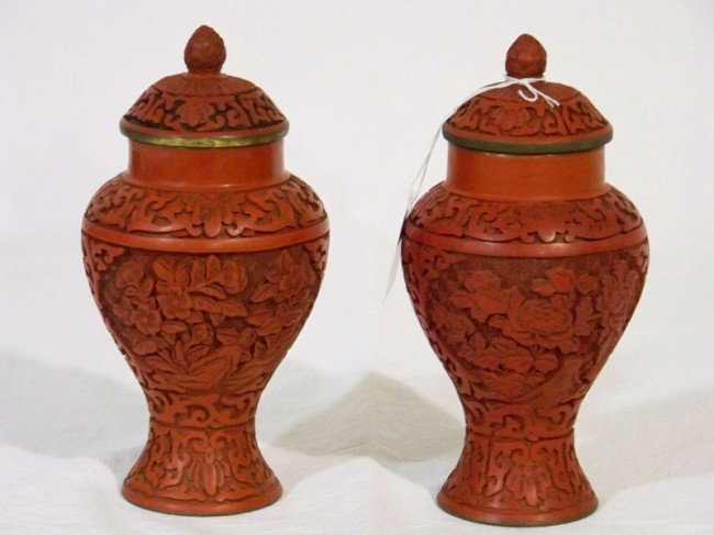 Pair Chinese Cinnabar Temple Jars: Pair Chinese Cinnabar Temple Jars of small size. Standing 7" tall.