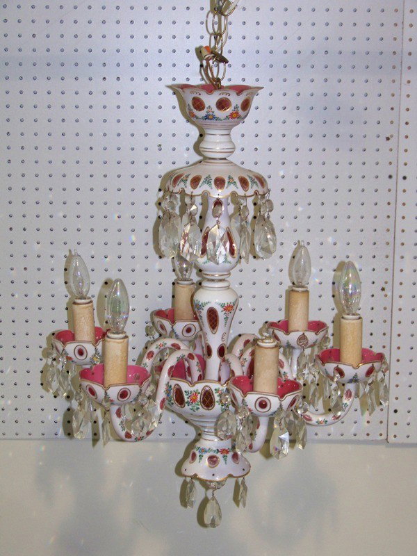 Bohemian Cut to Clear 6 Light Chandelier: Bohemian Cut to Clear 6 Light Chandelier. Hand painted flowers , rose color cut . App. 24" tall 21" wide.Great lighting fixture.