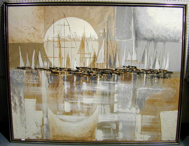 Lg. O/C "Sailboats" signed Ferrante: This is a large 20th C. American oil on canvas signed Ferrante. It is 47" x 59". The title is "Sailboats"