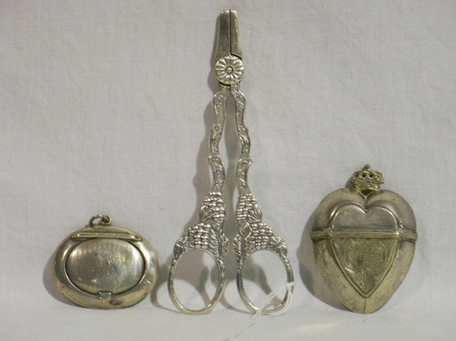 3 Pc. Silver Group: 3 Pc. Silver Group. One early silver heart shaped snuff box, 1 silver hallmarked snuff box and a pair of S/P grape shears.
