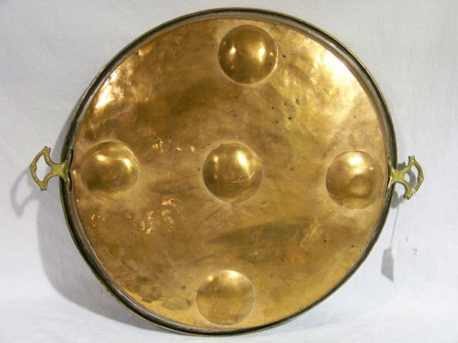 Vintage Hand Hammered Copper Handled Bowl: Vintage Hand Hammered Copper Handled Bowl. 19" handle to handle app. 2 1/2" deep.