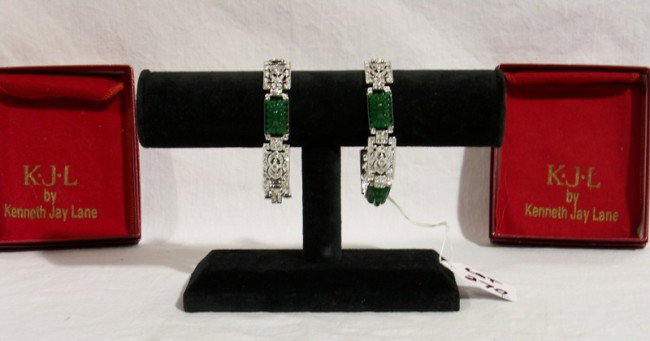 2 Kenneth Jay Lane Rinestone Bracelets: 2 Kenneth Jay Lane Rinestone Bracelets with boxes. Set with rinestone and green stones.
