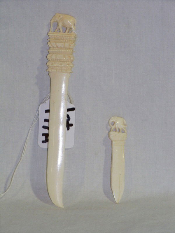 Pr. India Ivory Elephant Finial Topped Letter Ope: Pr. India Ivory Elephant Finial Topped Letter Openers. Both stamped India and largest is 6" long.